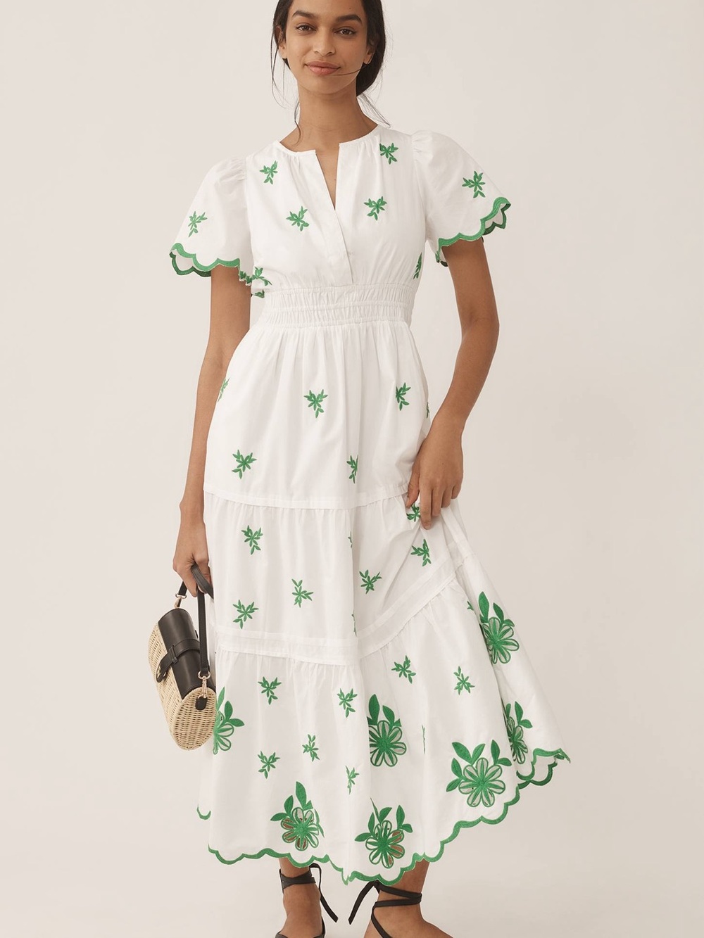 Anthropologie White Maxi Dress with Green Floral Embroidery